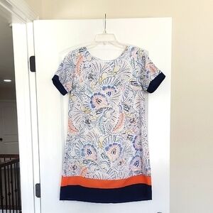 Molly Bracken Floral Print Shift Dress with Navy and Orange Accents Small
